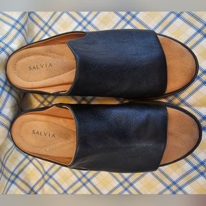 Black Nappa Leather Sandals by Salvia, size 11, 2" heel